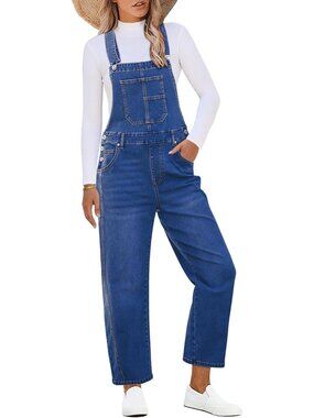 Women's Medium Blue Loose Fit Jean Overall Bib Denim Jumpsuits with Pockets